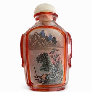 Vintage Asian Reverse Painted Glass Snuff Bottle Red Overlay Landscape & Beauty